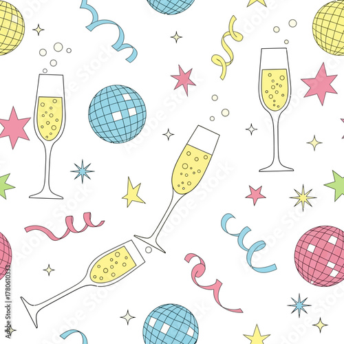 Festive Celebration Seamless Pattern Champagne, Disco Balls, and Confetti - Perfect for Party Designs
