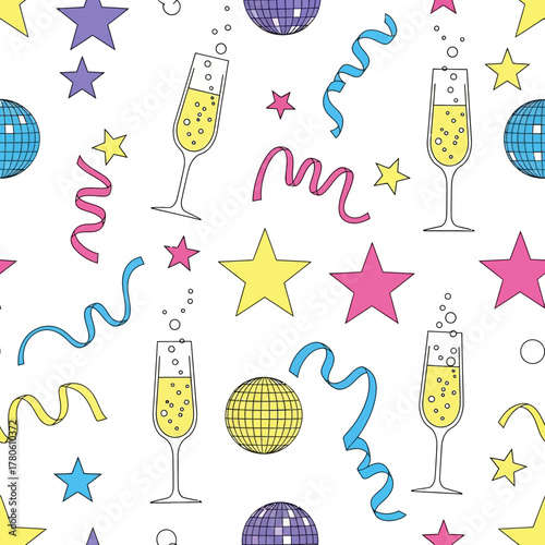 Seamless pattern of festive celebration elements champagne flutes, disco balls, confetti, and stars on a white background