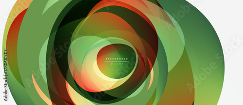 Abstract layers create swirling pattern. Green, orange hues dominate design. Modern background element for projects.