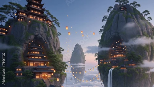 Fantastic ethereal chinese landscape, floating islands, waterfall and temple architecture, magical