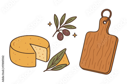 Rustic food elements including a cheese wheel, olive branch, and wooden serving board