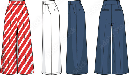 Wide-leg pants design, fashion illustration, front view comparison, pleated trousers, striped pattern, solid color styles, garment construction, apparel sketch, stitching detail, casual bottoms