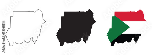 Sudan map vector set with editable country outline black silhouette and national flag featuring red white black horizontal stripes with green triangle for geography and education illustration