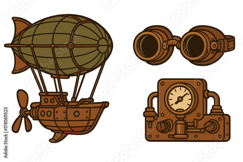 Antique airship, vintage pilot goggles, and mechanical pressure gauge in steampunk style
