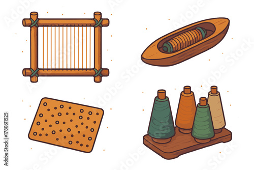 Traditional wooden frame loom, shuttle, and colorful yarn cones for textile crafting