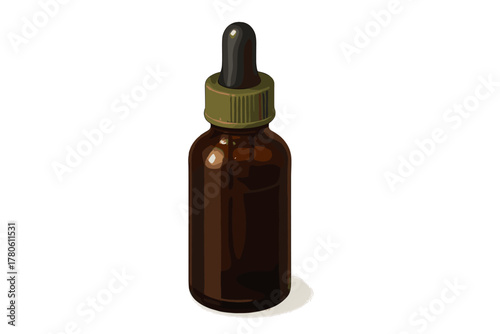 Small amber glass bottle with dropper cap containing dark liquid isolated on white background