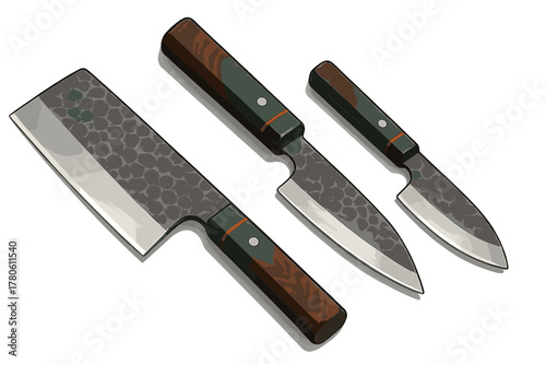 Japanese style kitchen knife set featuring hammered texture blades and wooden handles