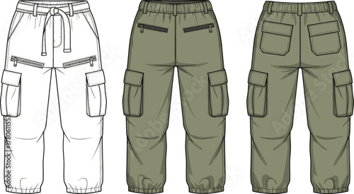 Women’s cargo pants, multi-view fashion sketch, drawstring waist, flap and zip pockets, front and back views, apparel design reference, casualwear garment illustration