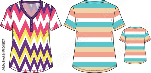 Women’s patterned tops, zigzag and stripe design, V-neck with buttons, fashion flat sketch, front and back views, casualwear apparel illustration reference