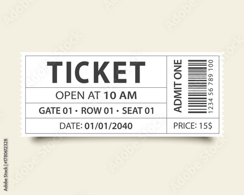 Classic ticket template isolated. Admit one, barcode, date, time, seat and price