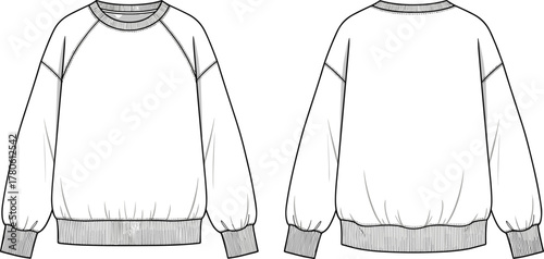 Women’s raglan sleeve sweatshirt, crew neckline, ribbed cuffs and hem, fashion flat sketch, front and back views, casualwear apparel design reference