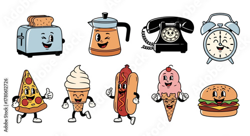 Cartoon retro character group featuring classic appliances and playful food representations