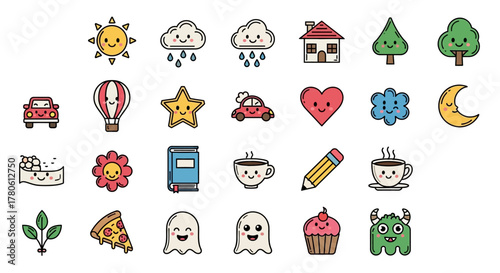 Whimsical icons array featuring adorable sun, cloud, house, food, and fantasy elements