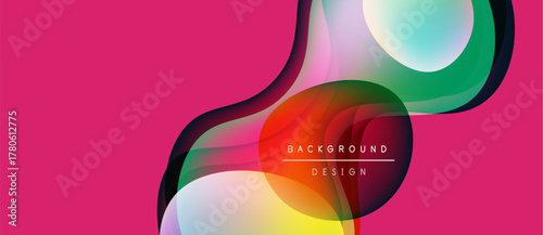 Abstract fluid shapes overlap, creating vibrant color gradients. Pink background enhances dynamic composition. Modern design element.
