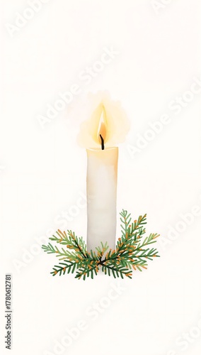 Lit white candle with evergreen sprigs isolated on white background