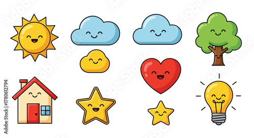Adorable cartoon drawings of sun, clouds, house, heart, star, bulb and tree designs collection