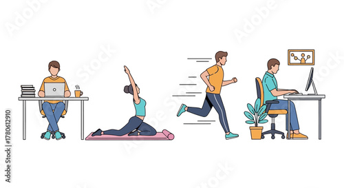 Work-Life Balance: Illustration of Office Work, Yoga, Running, and Desk Work Scenes Representing a