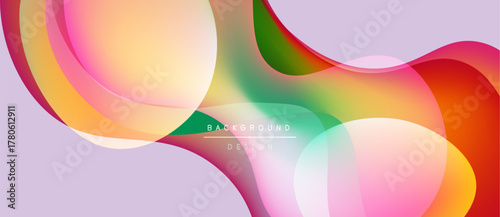 Abstract fluid shapes overlap, creating vibrant color gradients. Soft pinks, oranges, greens blend seamlessly. Modern design element.