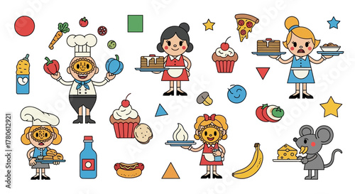 Colorful Cartoon Culinary Characters and Food Items Illustration with Playful Design elements