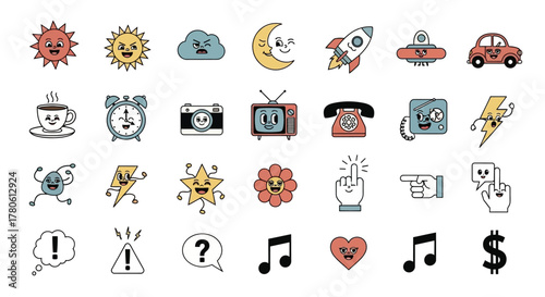 Whimsical collection of retro cartoon doodle elements with expressive faces and quirky objects