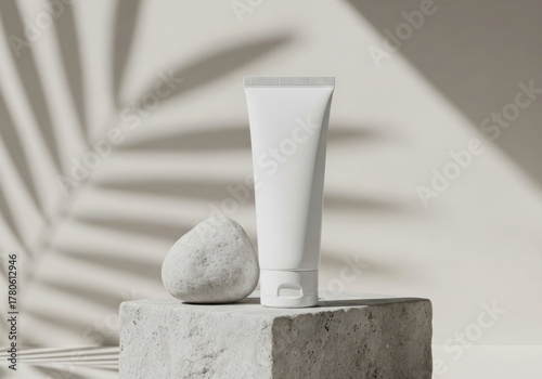 Minimalist product shot of a white cosmetic tube stone on a textured surface leaf shadow