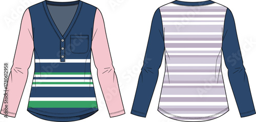 Women’s striped long sleeve shirt, V-neck button placket, chest pocket detail, fashion flat sketch, front and back views, casualwear apparel design reference