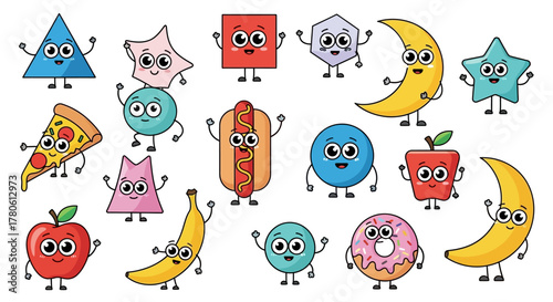 Delightful cartoon characters featuring geometric shapes and food items in cheerful design