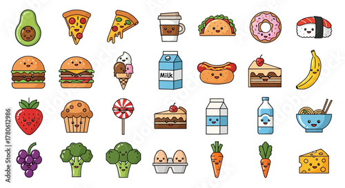 Colorful cartoon food vector illustration showcasing a diverse assortment of food items with happy