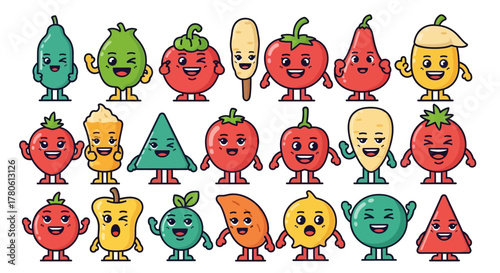 Whimsical Cartoon Fruits and Vegetables Characters Set with Cheerful Expressions
