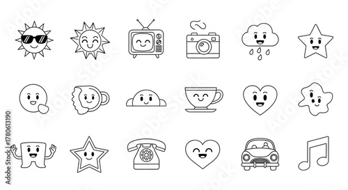 Doodle Illustration Collection of Cute Objects and Characters with Smiling Faces for kids book