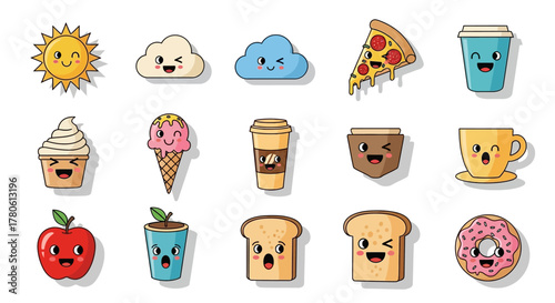 Cheerful kawaii food and beverage icons showcasing a delightful collection of expressive designs