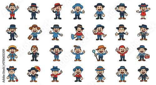 Variety of cartoon characters in hats and suits demonstrating diverse actions and poses