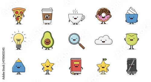 Collection of charming cartoon characters with smiling faces and vibrant colors isolated