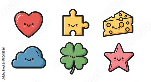 Collection of adorable cartoon icons with cute smiling faces isolated on a white backdrop