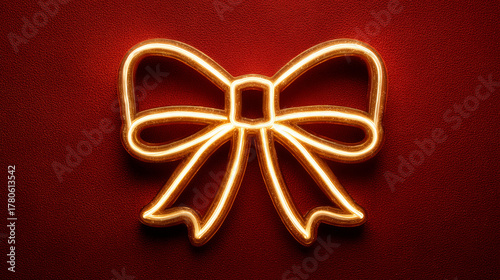 gold bow symbol glowing on a velvet red background, Merry Christmas 