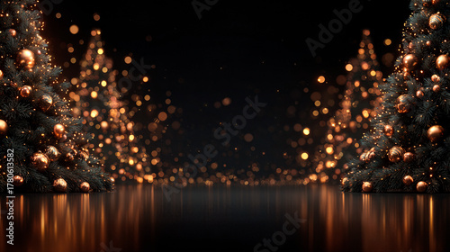 dark luxurious elegant Christmas trees on both sides, trees decorated with warm orange-golden garlands and ornaments