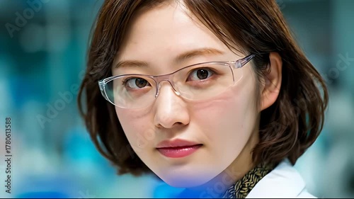 Young Female Scientist in Lab Coat and Safety Glasses.