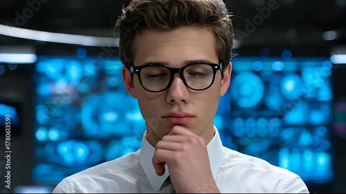 Young Professional Contemplating Data in Modern Control Room.