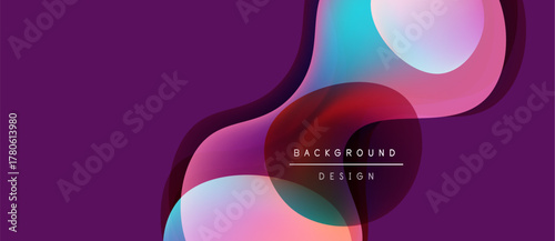 Abstract fluid shapes overlap, creating vibrant color gradients. Purple background enhances dynamic visual effect. Modern design element.