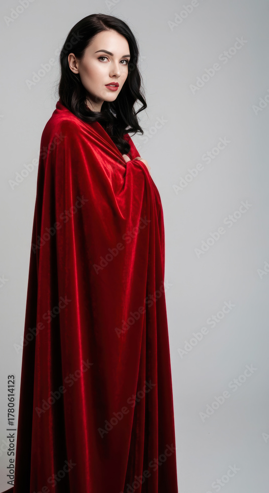 Naklejka premium Captivating Woman in a Luxurious Red Velvet Cloak, a Modern Fair
