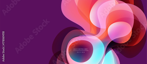 Abstract colorful layers create dynamic visual effect. Purple background contrasts vibrant pinks, oranges, blues. Modern design element.