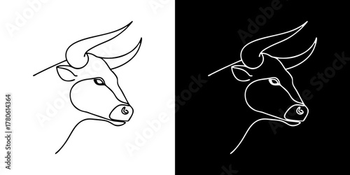 Minimalist bull head illustration in continuous line art style, on white and black backgrounds