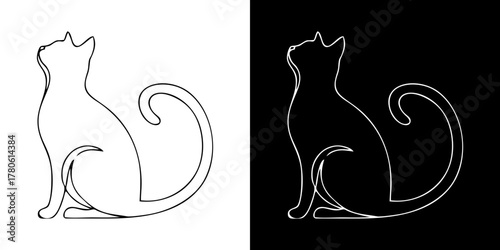 Continuous one-line drawing of a graceful sitting cat. Minimalist black and white feline silhouette for a logo or tattoo design