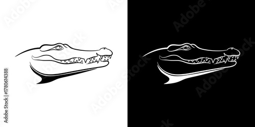 Illustration of an alligator head in black and white, a powerful symbol of nature's wild side