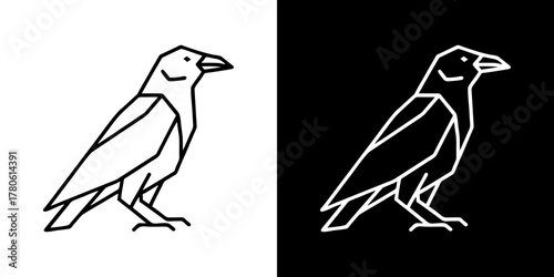 Minimalist geometric raven illustration in black and white outline style on contrasting backgrounds