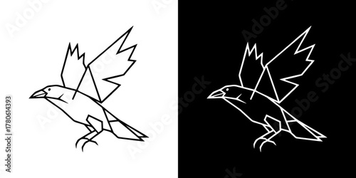 Geometric flying crow logo set in a minimalist origami style. Abstract line art illustration of a raven bird icon on black and white backgrounds