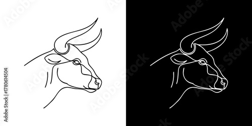 Elegant single line drawing of a powerful bull's head on both black and white backgrounds, a minimalist vector icon for logos and design