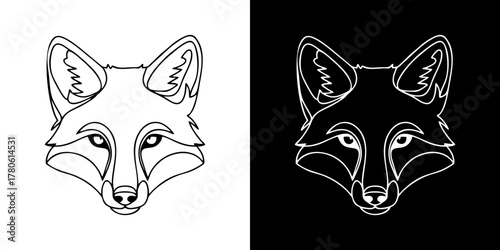 A modern and symmetrical line art illustration of a fox head, presented in both black on white and white on black variations for versatile logo or icon design