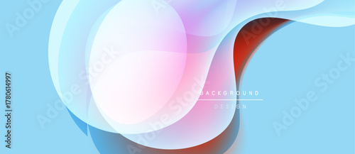 Abstract fluid shapes overlap, creating vibrant color gradients. Light blue background enhances dynamic composition. Modern design element.