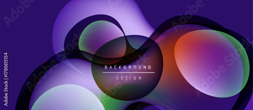 Abstract background features overlapping colorful circles. Purple dominates, with hints of red, green, blue. Modern design elements present.